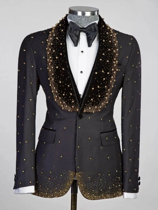 Men’s Black Rhinestone Shawl Lapel 3-Piece Prom Tuxedo Suit