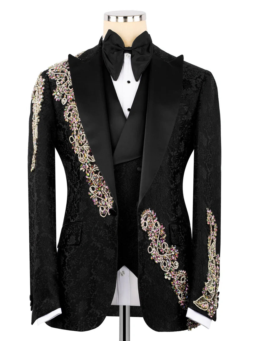 Black Rhinestone Single-Breasted Slim Fit Formal Party Blazer Set