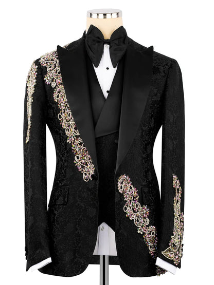 Black Rhinestone Single-Breasted Slim Fit Formal Party Blazer Set