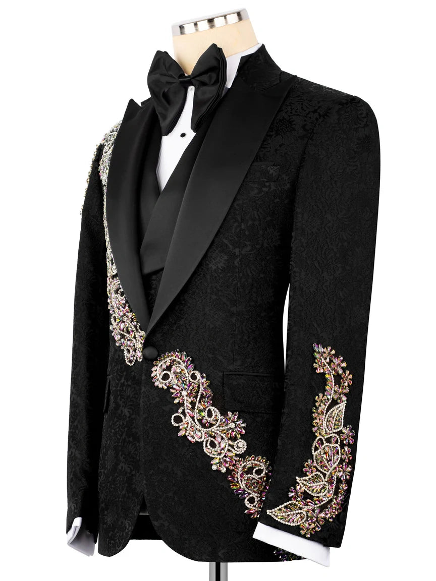 Black Rhinestone Single-Breasted Slim Fit Formal Party Blazer Set