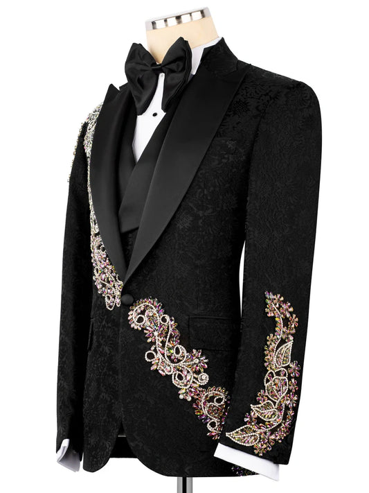 Black Rhinestone Single-Breasted Slim Fit Formal Party Blazer Set
