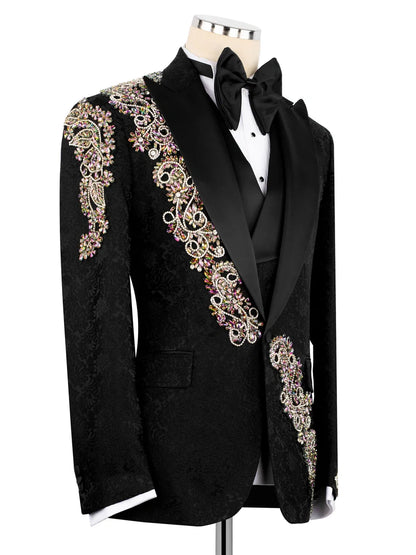 Black Rhinestone Single-Breasted Slim Fit Formal Party Blazer Set