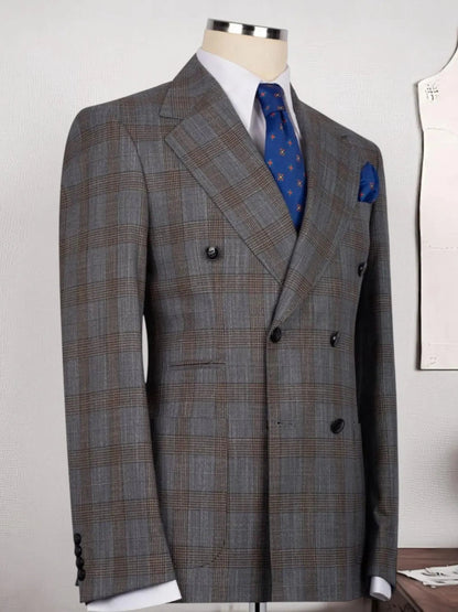 Men’s Grey Plaid Double-Breasted Peak Lapel Formal Suit