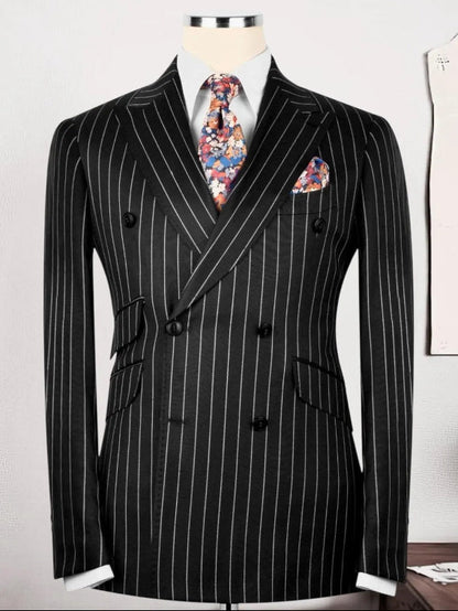 Men’s Black Striped Double-Breasted Peak Lapel Formal Suit