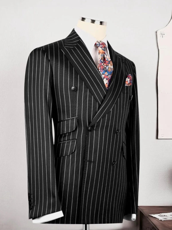 Men’s Black Striped Double-Breasted Peak Lapel Formal Suit