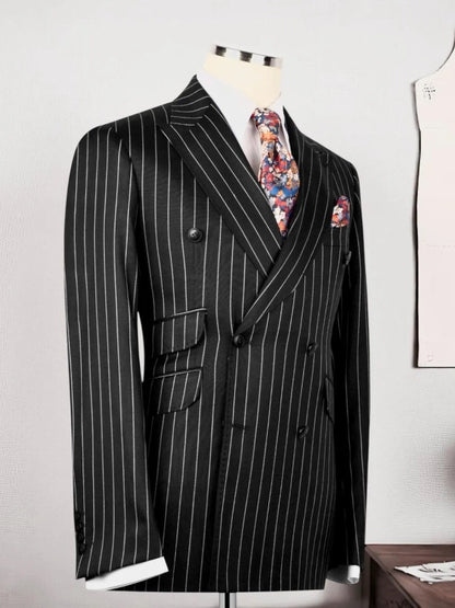 Men’s Black Striped Double-Breasted Peak Lapel Formal Suit
