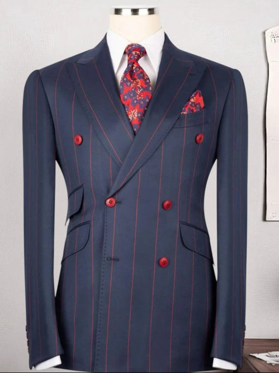 Men’s Blue Striped Double-Breasted Peak Lapel Formal Suit