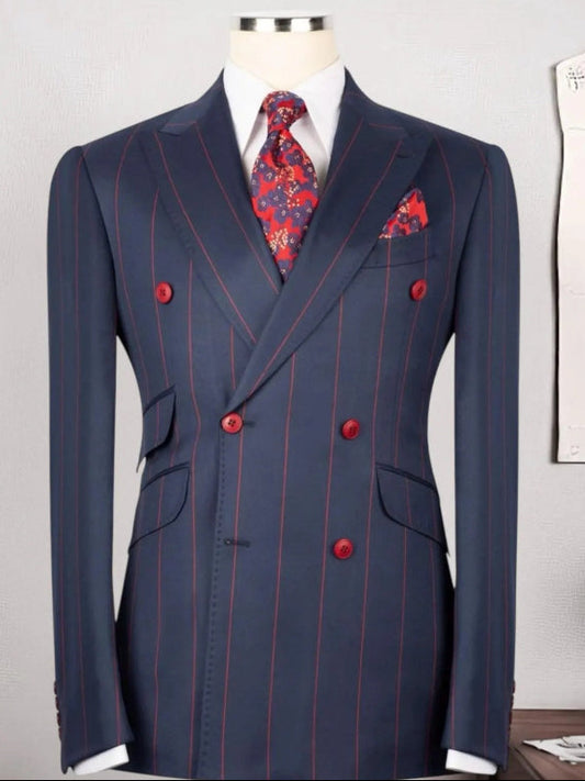 Men’s Blue Striped Double-Breasted Peak Lapel Formal Suit