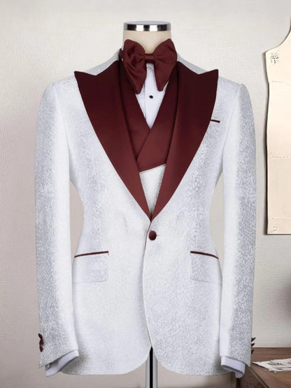 Men’s White Jacquard Burgundy Shawl Lapel Tuxedo Suit