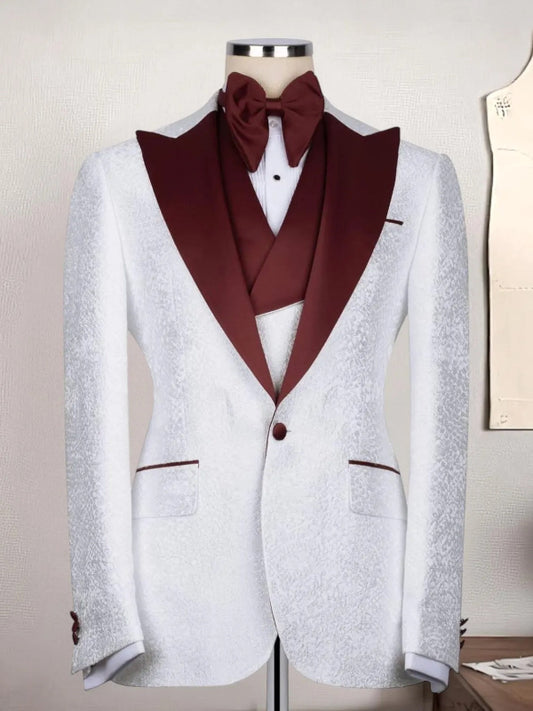 Men’s White Jacquard Burgundy Shawl Lapel Tuxedo Suit