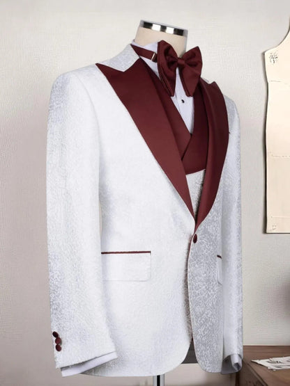 Men’s White Jacquard Burgundy Shawl Lapel Tuxedo Suit