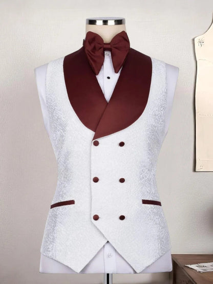 Men’s White Jacquard Burgundy Shawl Lapel Tuxedo Suit