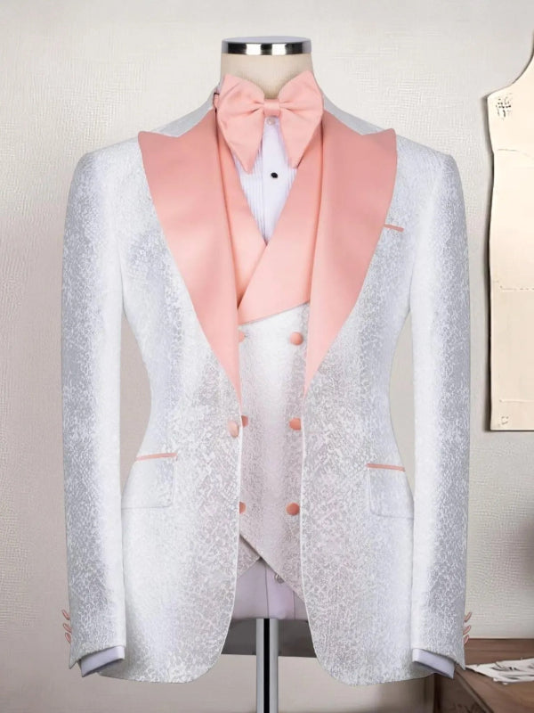 Men’s White Jacquard Pink Shawl Lapel Tuxedo Suit