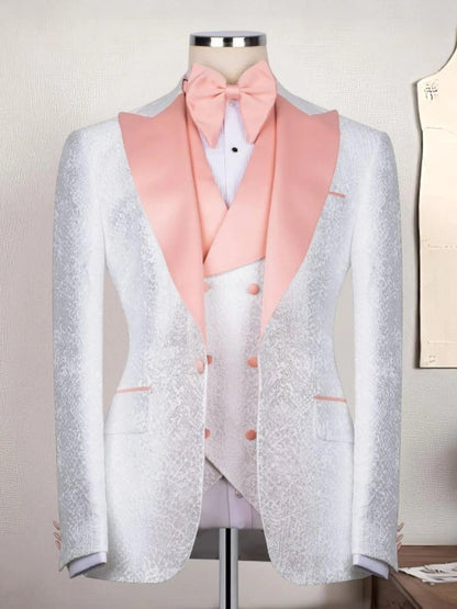 Men’s White Jacquard Pink Shawl Lapel Tuxedo Suit