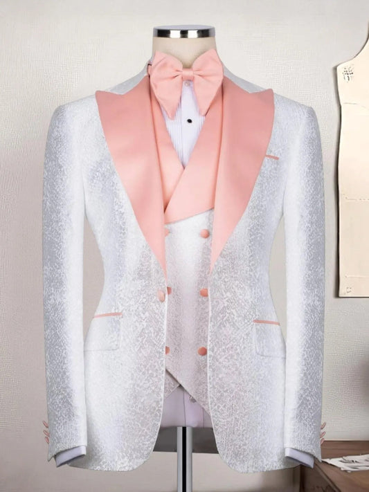 Men’s White Jacquard Pink Shawl Lapel Tuxedo Suit