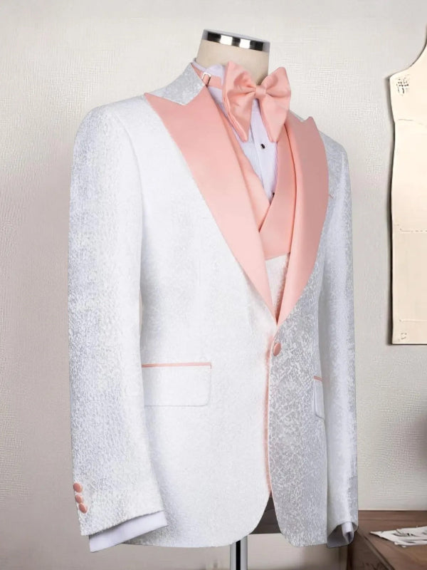 Men’s White Jacquard Pink Shawl Lapel Tuxedo Suit