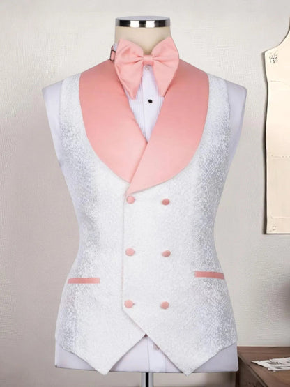 Men’s White Jacquard Pink Shawl Lapel Tuxedo Suit