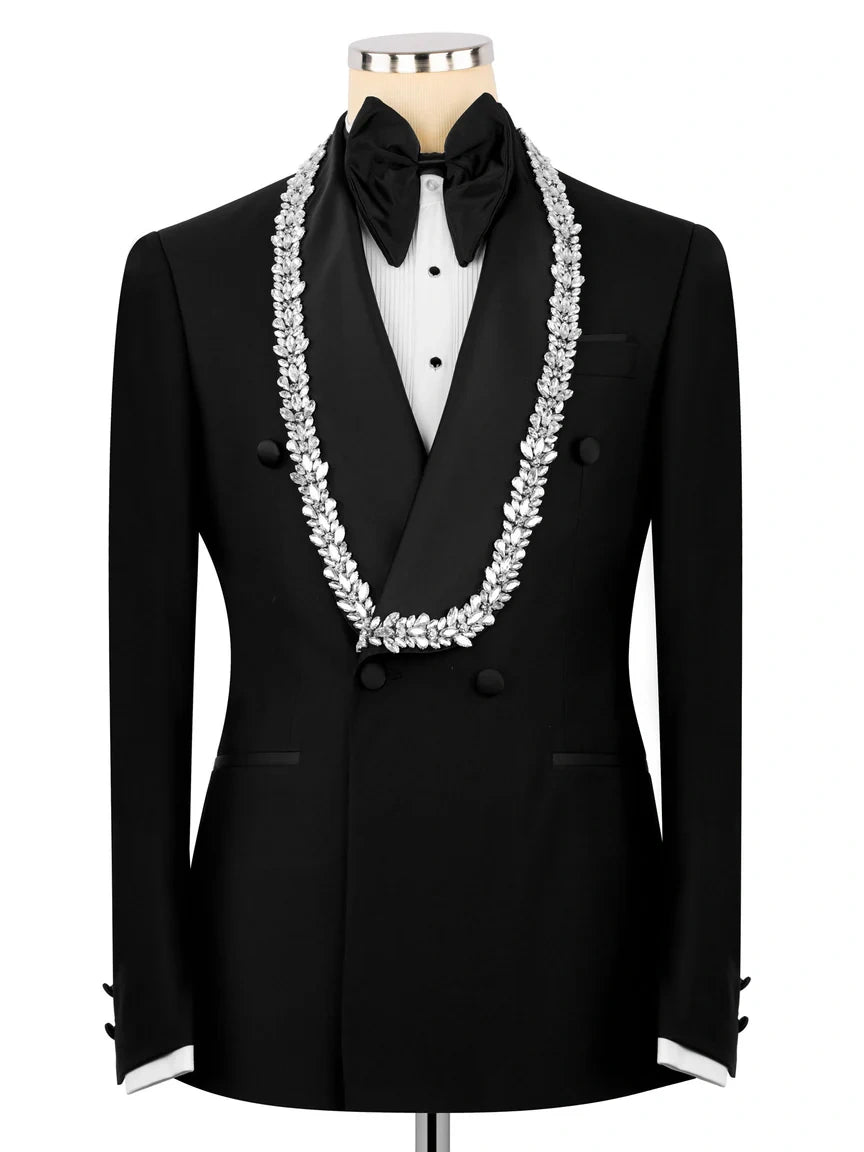 Black Embellished Shawl Lapel Slim Fit Wedding Prom Suit