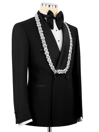 Black Embellished Shawl Lapel Slim Fit Wedding Prom Suit