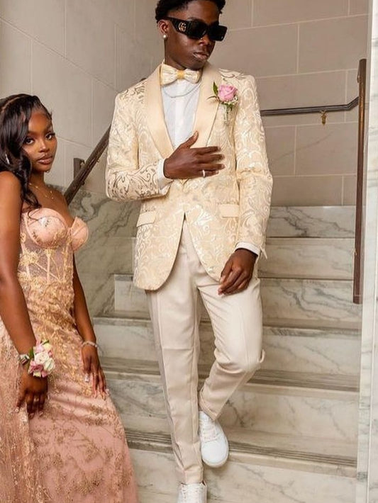Champagne Jacquard Shawl Lapel Prom 2 piece Suit