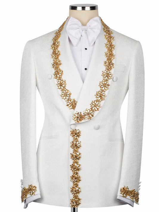 White Embellished Shawl Lapel Slim Fit Wedding Prom Suit