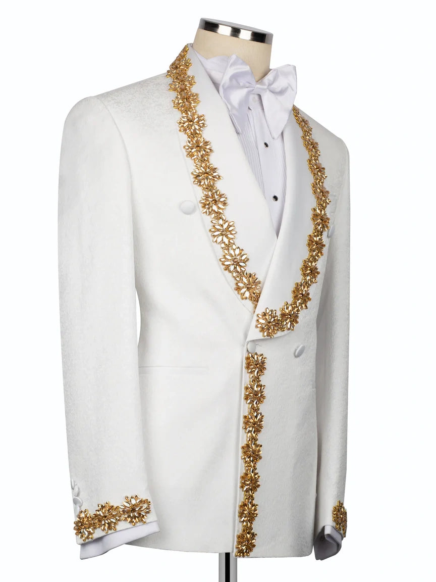 White Embellished Shawl Lapel Slim Fit Wedding Prom Suit