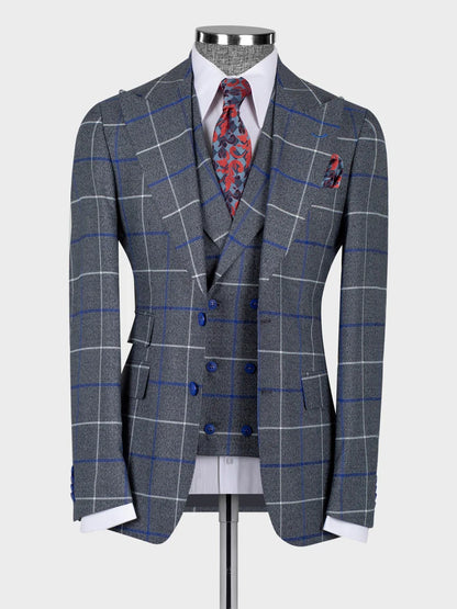 Grey Plaid Double Breasted Slim Fit Suit for Men
