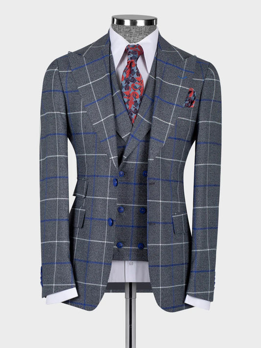 Grey Plaid Double Breasted Slim Fit Suit for Men