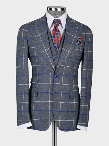 Grey Plaid Double Breasted Slim Fit Suit for Men
