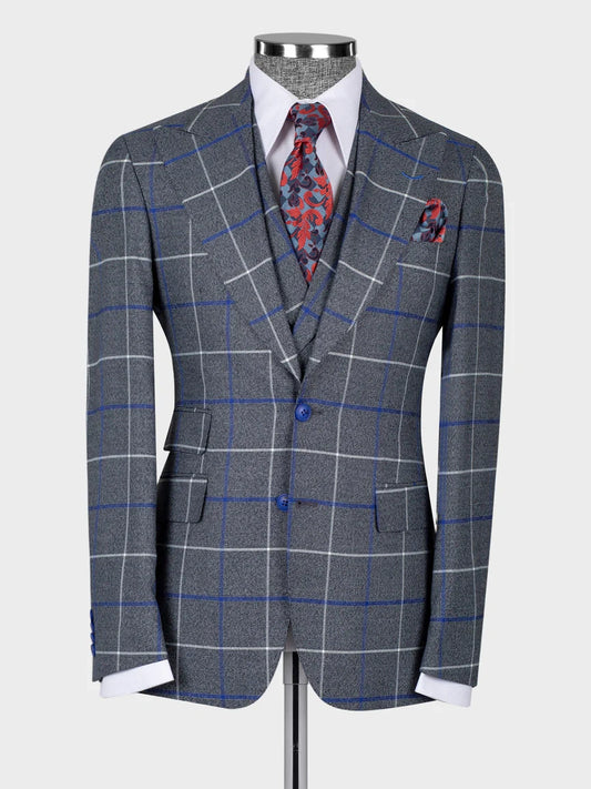 Grey Plaid Double Breasted Slim Fit Suit for Men
