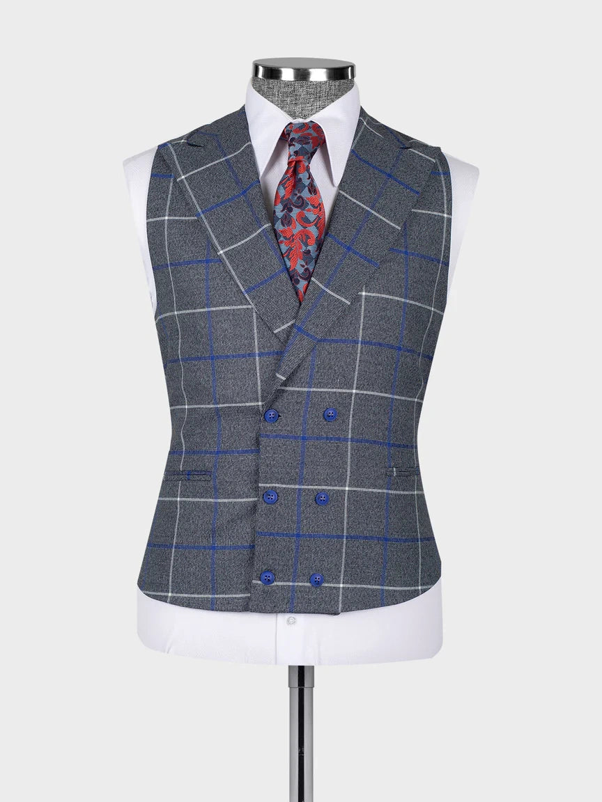 Grey Plaid Double Breasted Slim Fit Suit for Men