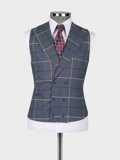 Grey Plaid Double Breasted Slim Fit Suit for Men