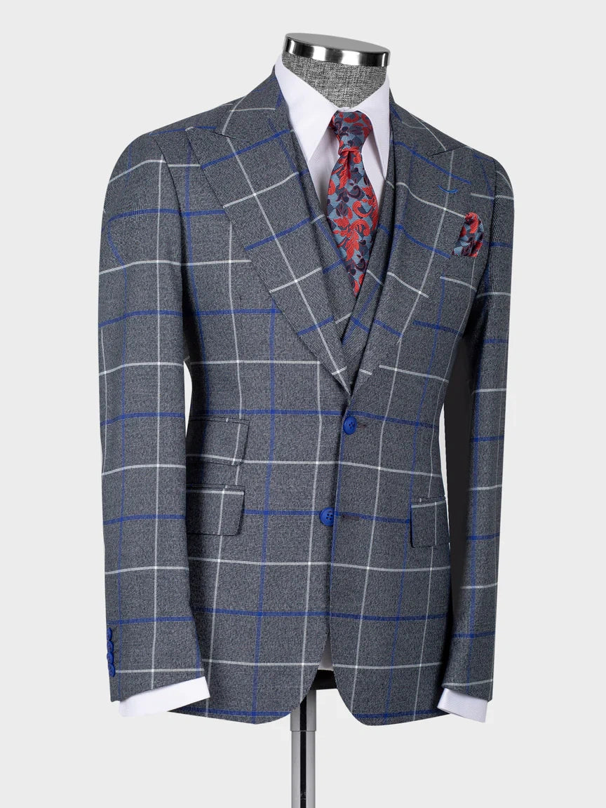 Grey Plaid Double Breasted Slim Fit Suit for Men