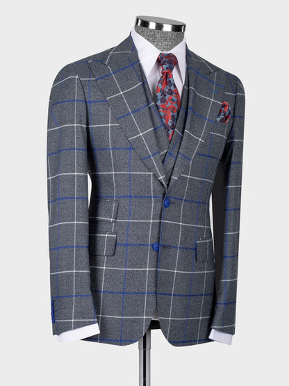 Grey Plaid Double Breasted Slim Fit Suit for Men