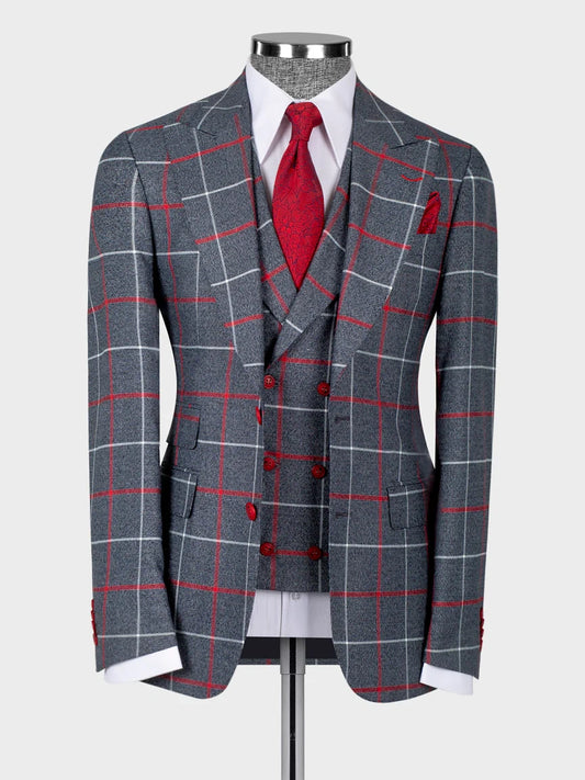 Gray Plaid Double Breasted Slim Fit 3 piece Suit for Men