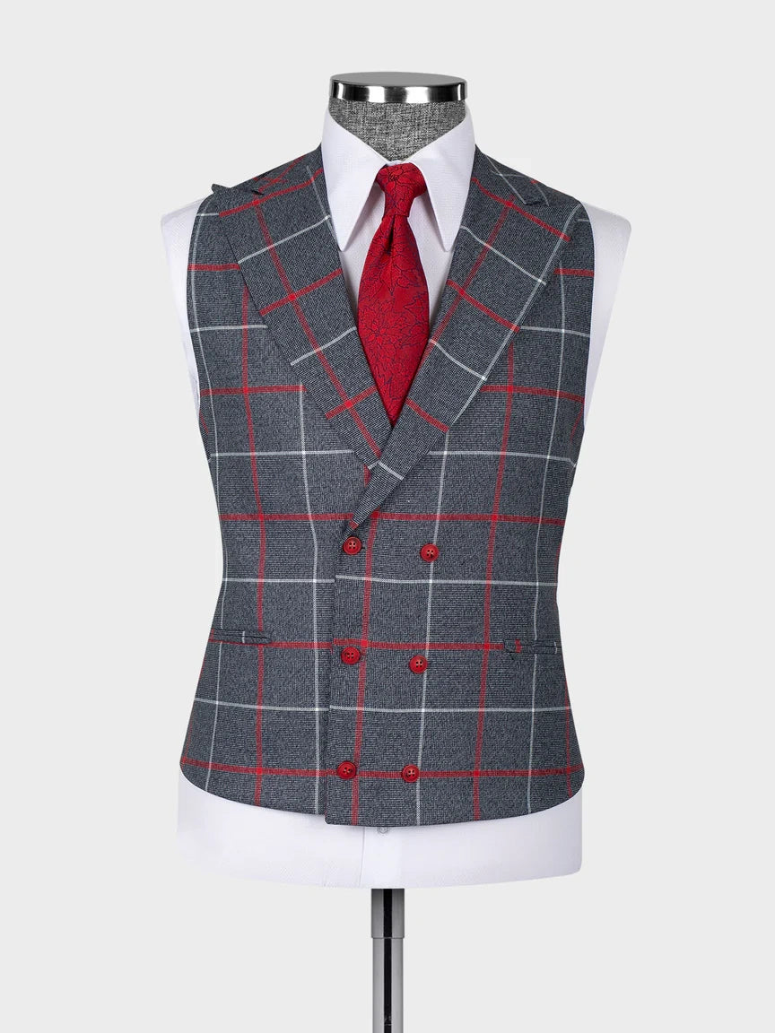 Gray Plaid Double Breasted Slim Fit 3 piece Suit for Men