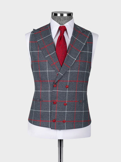 Gray Plaid Double Breasted Slim Fit 3 piece Suit for Men