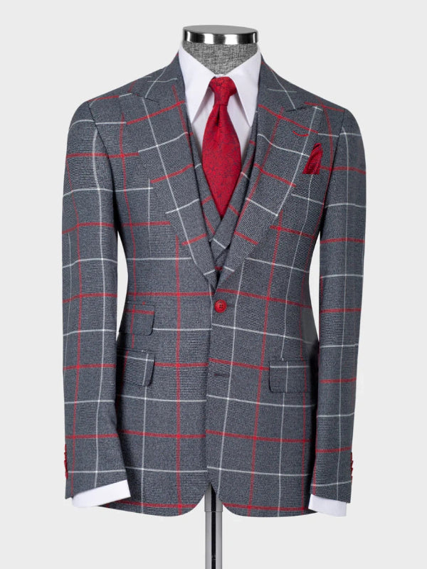 Gray Plaid Double Breasted Slim Fit 3 piece Suit for Men