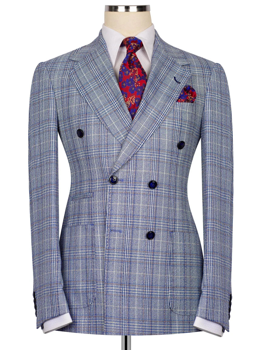 Blue Plaid Double Breasted Slim Fit 2 piece Suit for Men