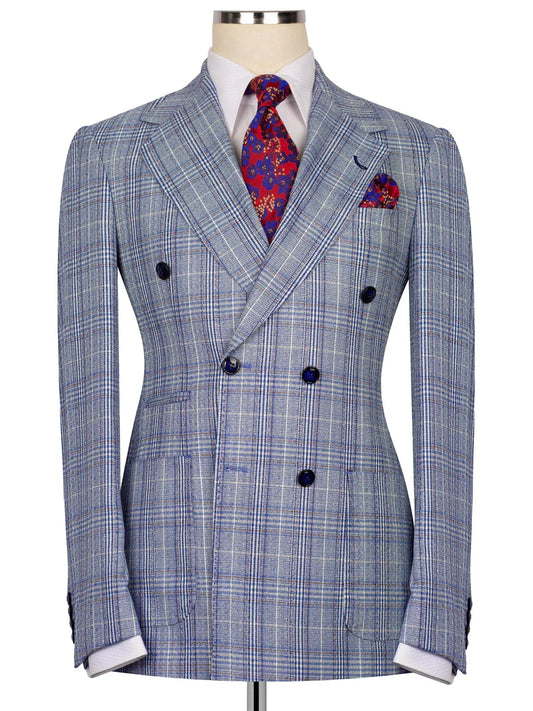 Blue Plaid Double Breasted Slim Fit 2 piece Suit for Men