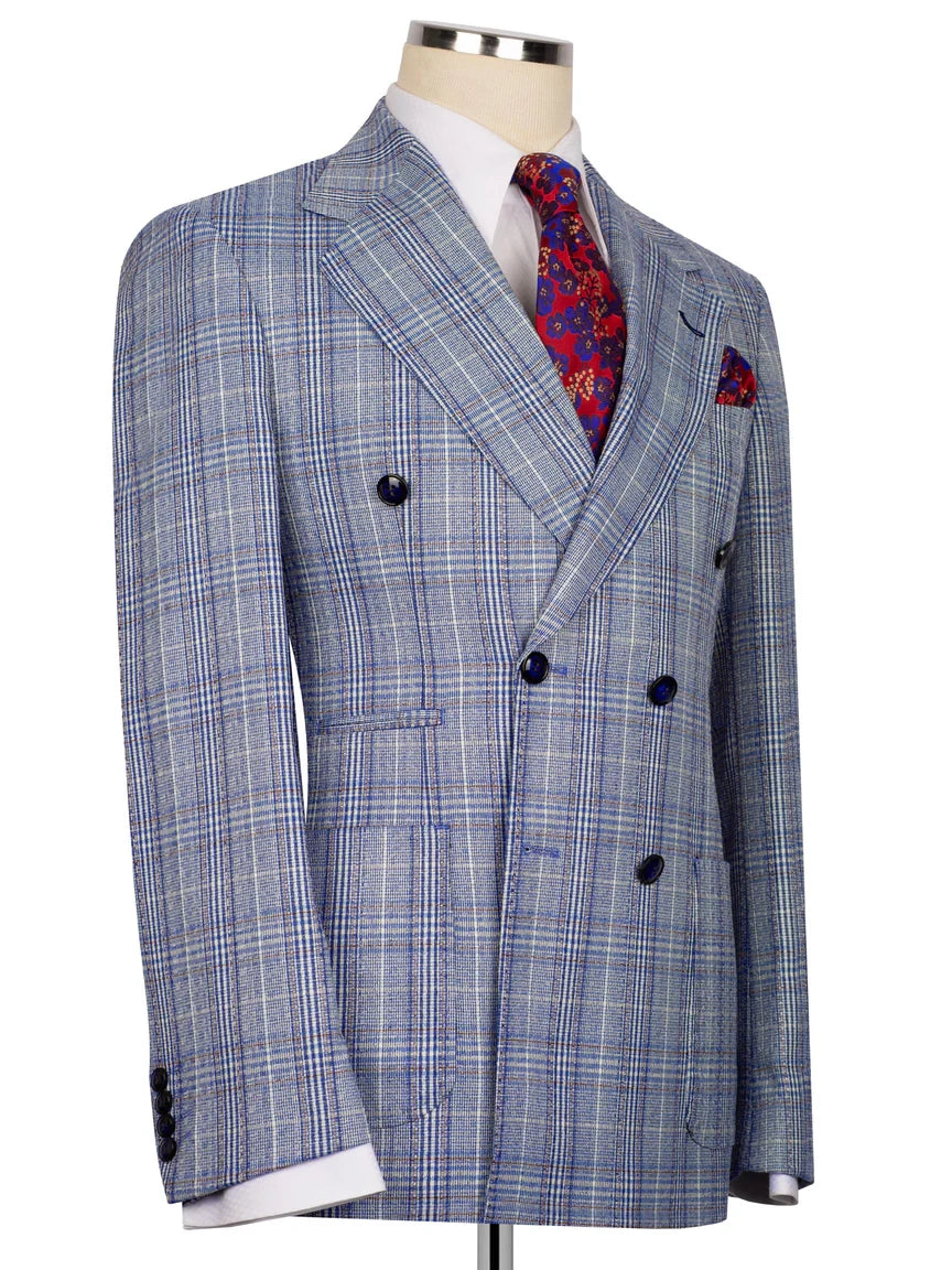 Blue Plaid Double Breasted Slim Fit 2 piece Suit for Men