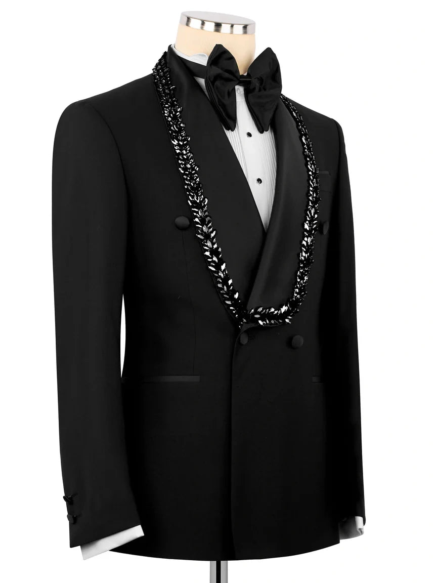 Black Embellished Shawl Lapel Wedding Prom Suit