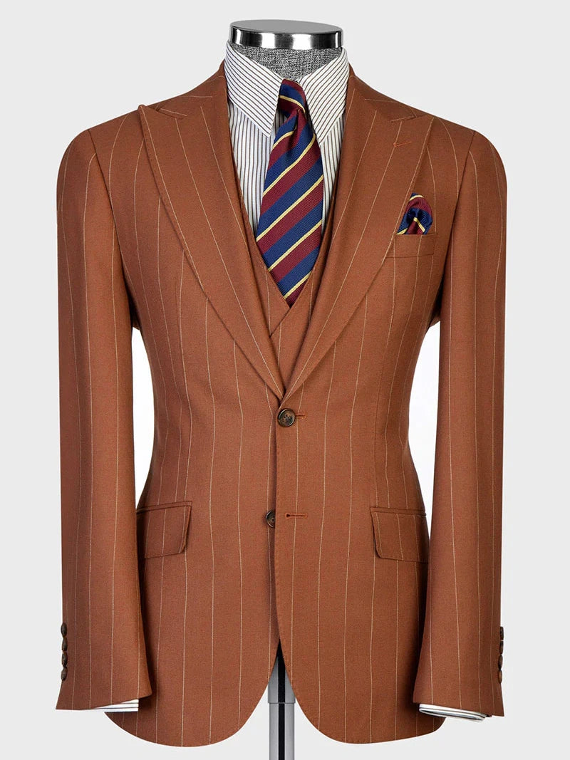Men’s Brown Pinstripe 2-Button Peak Lapel Design Suit