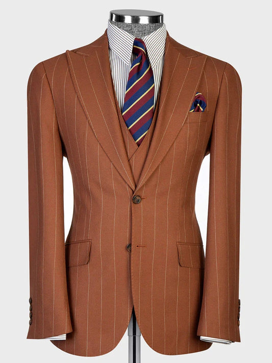 Men’s Brown Pinstripe 2-Button Peak Lapel Design Suit