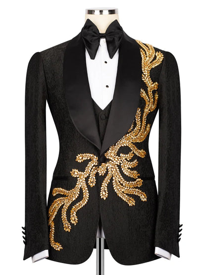 Shawl Lapel Double-Breasted Tuxedo with Appliques