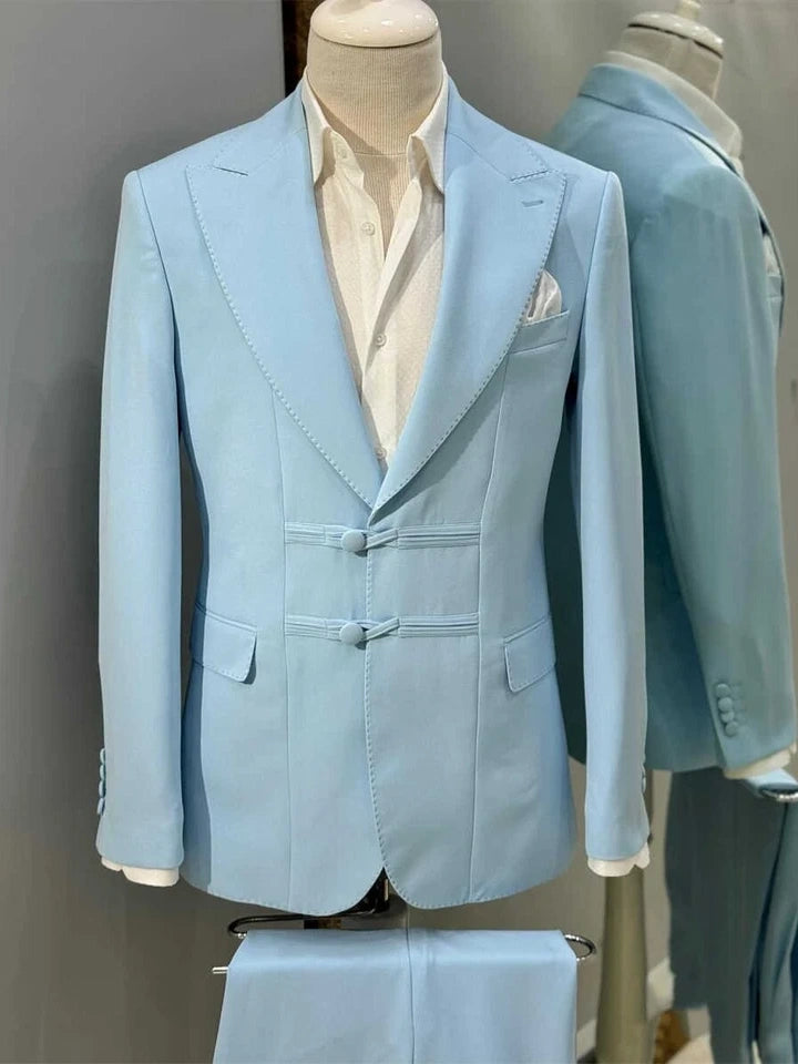 Sky blue Single Breasted Peak Lapel Suit for Men