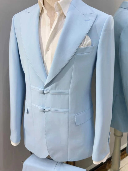 Sky blue Single Breasted Peak Lapel Suit for Men