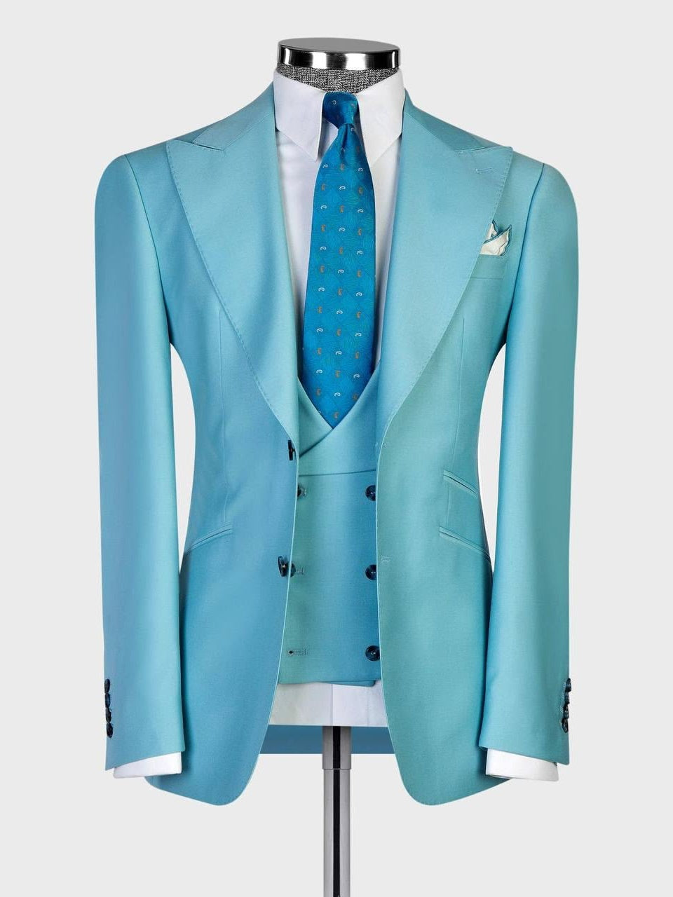Blue 3-Piece Single Breasted Peak Lapel Slim Fit Suit for Men