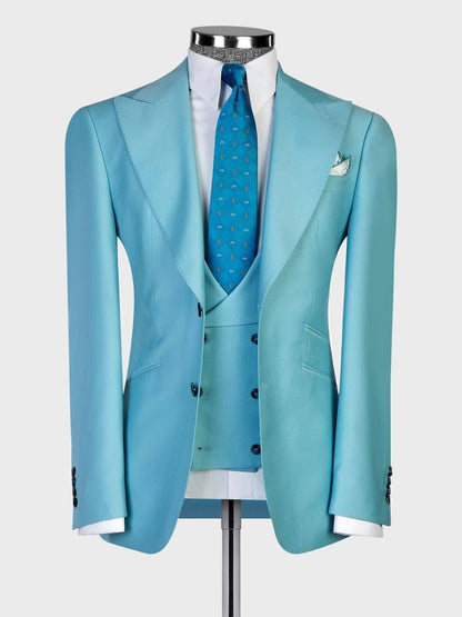 Blue 3-Piece Single Breasted Peak Lapel Slim Fit Suit for Men