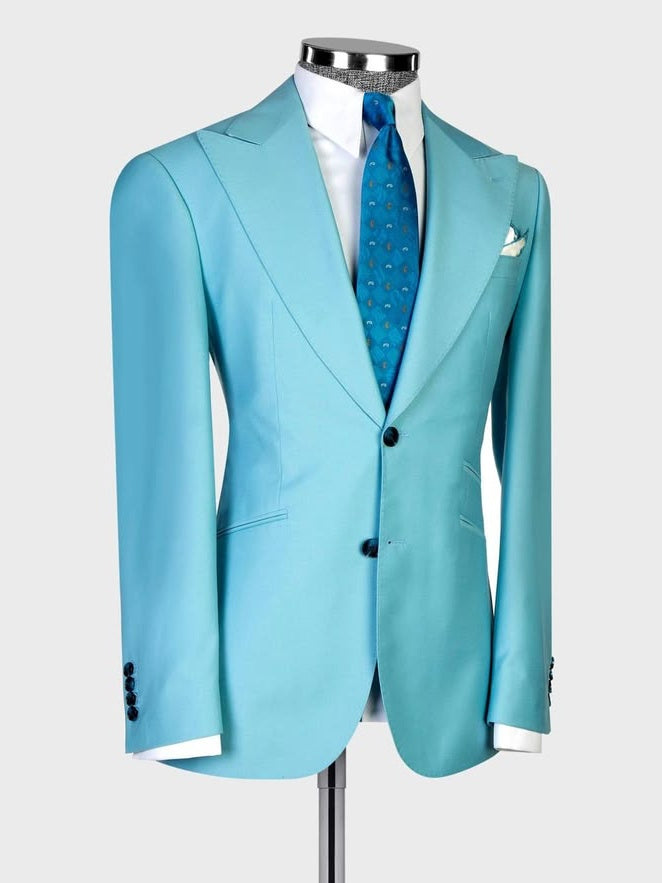 Blue 3-Piece Single Breasted Peak Lapel Slim Fit Suit for Men